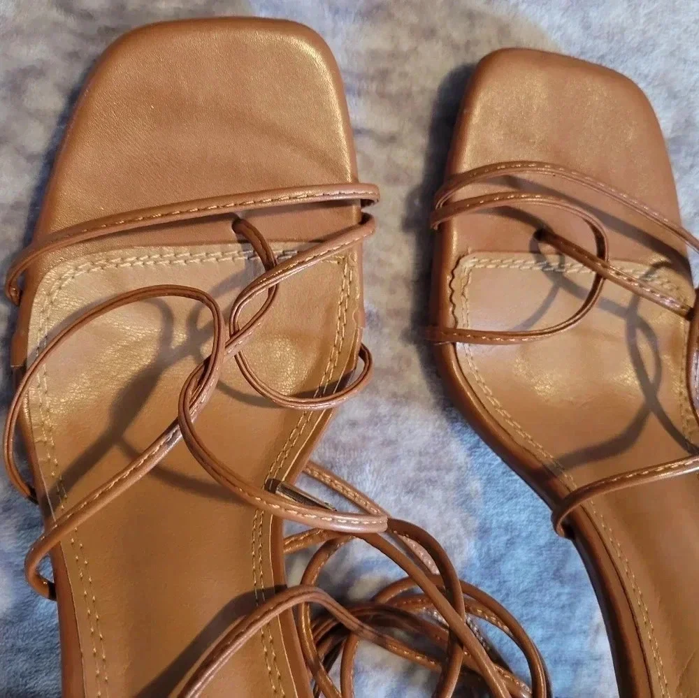 Women's 9 Caramel square toe strappy wrap around laces sandals crystal heels